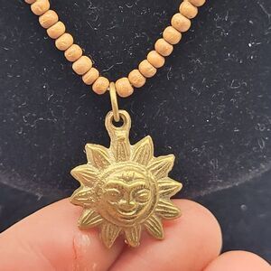 Gorgeous Bohemian Brass Sun Face Wooden Beaded Choker Collar 18in